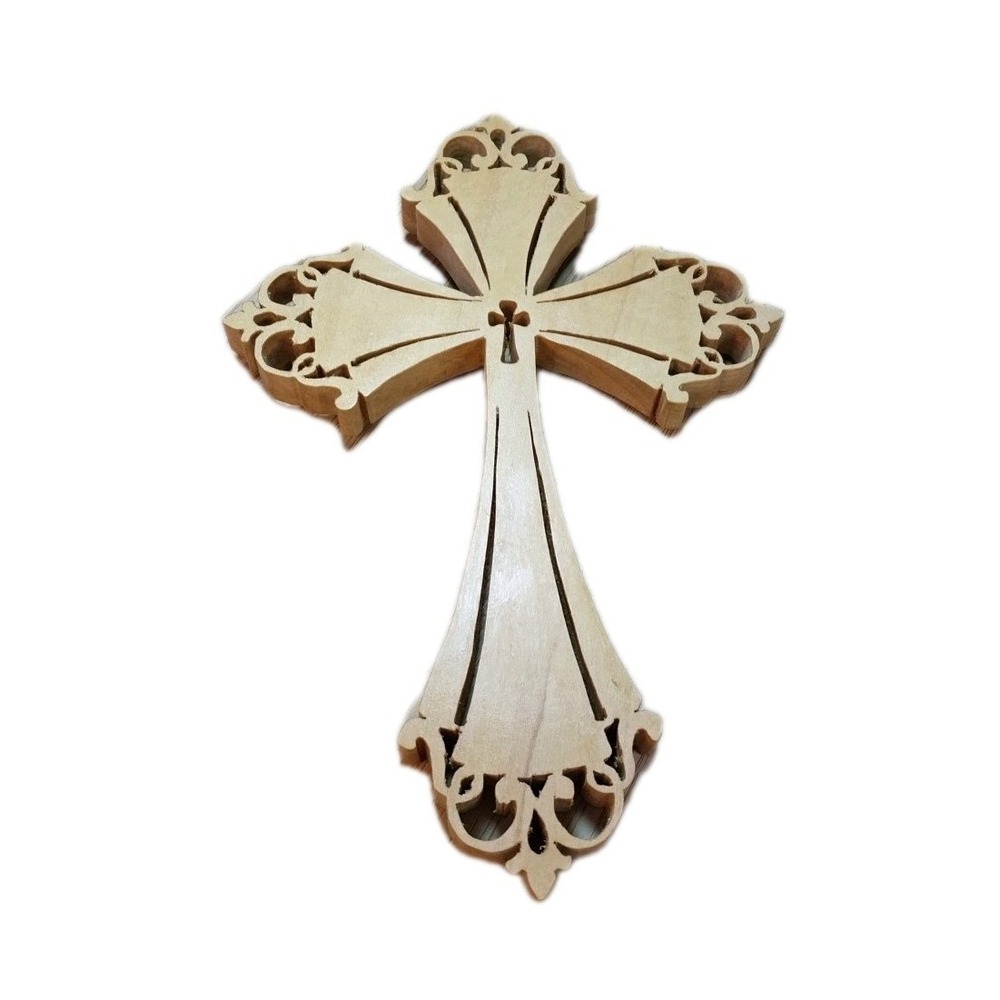 Ornately Cut-Out Carved Wood Wooden CROSS Wall Plaque Hanging - 8" X 5" Handmade